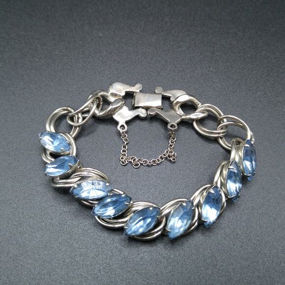Light Vintage Blue Rhinestone Bracelet, Silver Tone Heavy Chain, 1950s - Picture 6 of 10